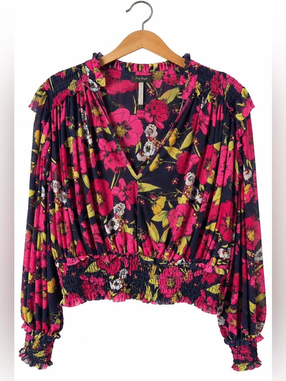 Free People Pink Navy Floral Faux Wrap Blouse Large Smocked Waist Boho Romantic